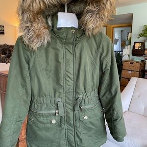 Justice hooded canvas parka coat with faux fur trim